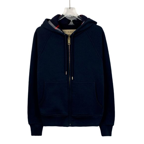 Burberry Deep Blue Cotton Hooded Zip-Up Sweatshirt With Drawstring & Pockets Siz
